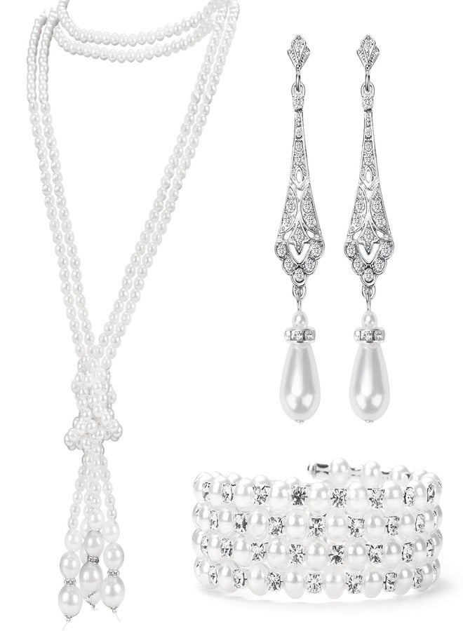 GHGMAO 1920s Pearl Jewelry Set Include Long Pearl Necklace and Earring Set Multilayer Pearl Bracelet Flapper Accessories for Women (Delicate) - Image 1